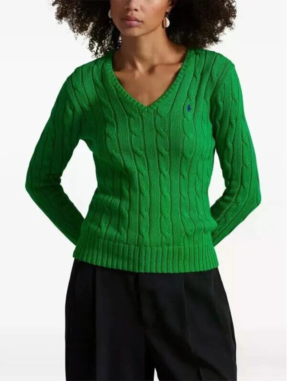 Polo Ralph Lauren Kelly Green Cable-Knit V-Neck Sweater Women's XS